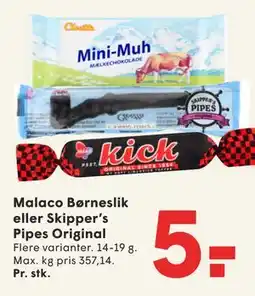 SPAR Malaco Børneslik eller Skipper’s Pipes Original tilbud
