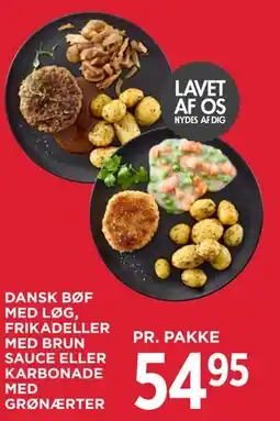 MENY DANSK BØF MED LØG, FRIKADELLER MED BRUN SAUCE ELLER KARBONADE MED GRØNÆRTER tilbud