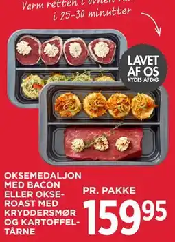 MENY OKSEMEDALJON MED BACON ELLER OKSEROAST MED KRYDDERSMØR OG KARTOFFELTÅRNE tilbud