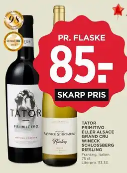 MENY TATOR PRIMITIVO ELLER ALSACE GRAND CRU WINECK SCHLOSSBERG RIESLING tilbud