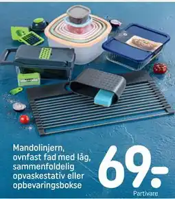 REMA 1000 Mandolinjern, ovnfast fad med låg, sammenfoldelig opvaskestativ eller opbevaringsbokse tilbud