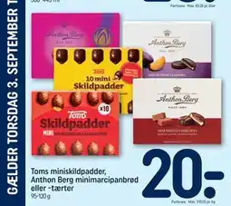 REMA 1000 Toms miniskildpadder, Anthon Berg minimarcipanbrød eller -tærter tilbud