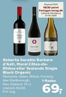 SuperBrugsen Roberto Sarotto Barbera d'Asti / Côtes-du-Rhône / Single Block tilbud