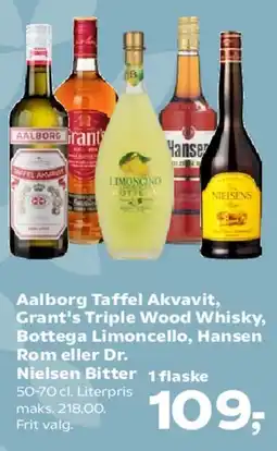 Kvickly Aalborg Taffel Akvavit, Grant's Triple Wood Whisky, Bottega Limoncello eller Nielsen Bitter tilbud