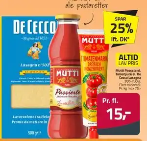 Fleggaard Mutti Passata el. Tomatpuré el. De Cecco Lasagna tilbud