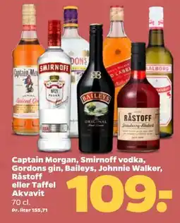 Netto Captain Morgan, Smirnoff vodka, Gordons gin, Baileys, Johnnie Walker, Råstoff eller Taffel Akvavit tilbud