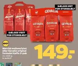 Netto Merrild mellemristet eller Gevalia original formalet kaffe 3-pak tilbud