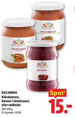 Lidl KULJANKA Kålrdolmere, bønner i tomatsauce eller rødbeder tilbud