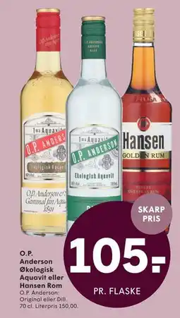 SPAR O.P. Anderson Økologisk Aquavit eller Hansen Rom tilbud