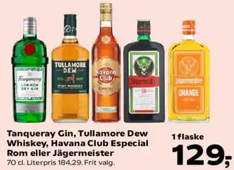 Tanqueray Gin, Tullamore Dew, Havana Club Especial Rom eller Jägermeister