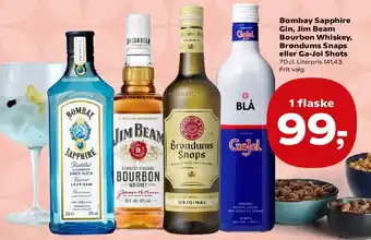 Bombay Sapphire Gin, Jim Beam Bourbon, Brøndums Snaps eller Gajol