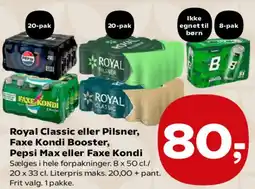 SuperBrugsen Royal Classic eller Pilsner, Faxe Kondi Booster, Pepsi Max eller Faxe Kondi tilbud
