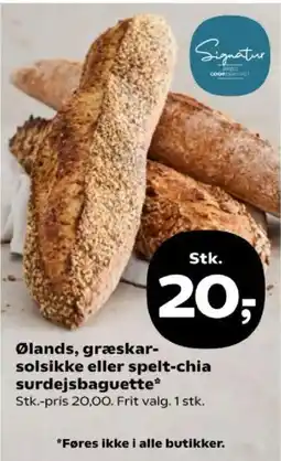 Kvickly Signatur ølands græskar-solsikke eller spelt-chia surdejsbaguette tilbud