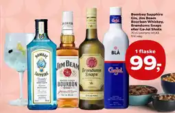 Kvickly Bombay Sapphire Gin, Jim Beam Bourbon Whiskey, Brøndums Snaps eller Ga-Jol Shots tilbud