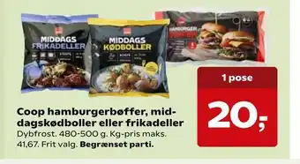 Kvickly Coop hamburgerbøffer, mid dagskødboller eller frikadeller tilbud