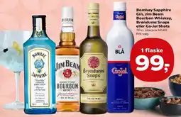 Kvickly Bombay Sapphire Gin, Jim Beam Bourbon Whiskey, Brøndums Snaps eller Ga-Jol Shots tilbud