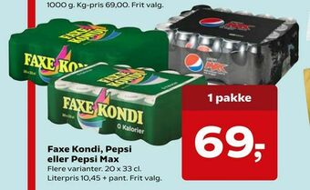 Kvickly Faxe Kondi, Pepsi eller Pepsi Max tilbud