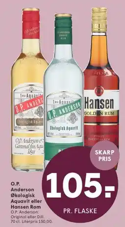 SPAR O.P. Anderson Økologisk Aquavit eller Hansen Rom tilbud