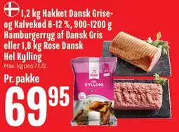 Min Købmand Hakket dansk gris-/kalvekød, Hamburgerryg eller Rose Dansk Hel Kylling (pakke) tilbud