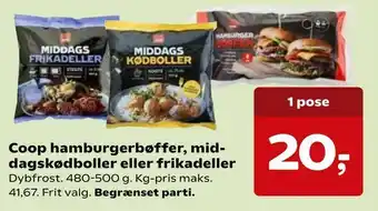 SuperBrugsen Coop hamburgerbøffer, mid dagskødboller eller frikadeller tilbud