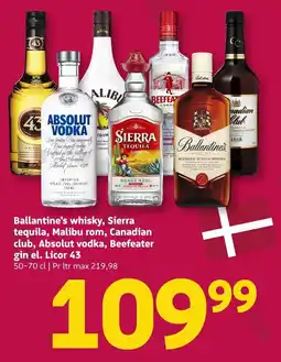 Løvbjerg Ballantine's whisky, Sierra tequila, Malibu rom, Canadian club, Absolut vodka, Beefeater gin el. Licor 43 tilbud