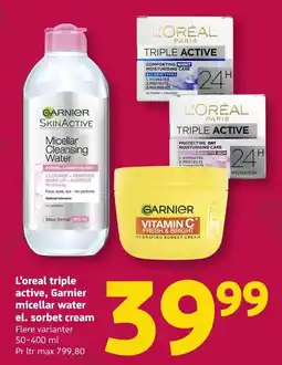 Løvbjerg L'oreal triple active, Garnier micellar water el. sorbet cream tilbud