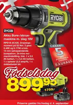 Bauhaus RYOBI Akku Bore-/skruemaskine m. slag 18V tilbud