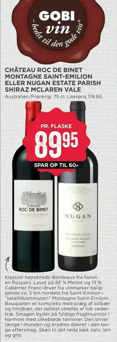 MENY Château roc de binet montagne saint-emilion eller nugan estate parish shiraz mclaren vale tilbud