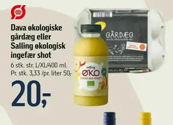 Føtex Dava økologiske gårdæg eller Salling økologisk ingefær shot tilbud