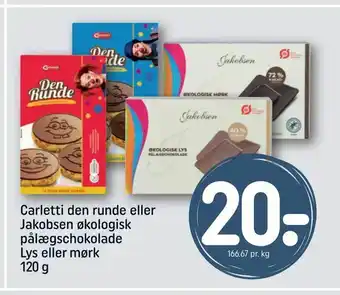 REMA 1000 Carletti den runde eller Jakobsen økologisk pålægschokolade Lys eller mørk tilbud