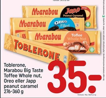 REMA 1000 Toblerone, Marabou Big Taste Toffee Whole nut, Oreo eller Japp peanut caramel tilbud