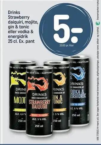 REMA 1000 Drinks Strawberry daiquiri, mojito, gin & tonic eller vodka & energidrik 25 cl. Ex. pant tilbud