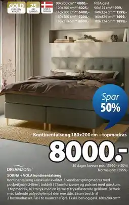 JYSK SOKNA + VOLA kontinentalseng tilbud