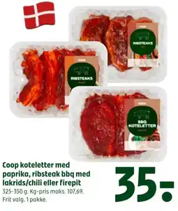 Coop 365 Coop koteletter med paprika, ribsteak bbq med lakrids/chili eller firepit tilbud