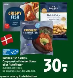Coop 365 Rahbek fish & chips, Coop sprøde fiskeportioner eller fiskefileter tilbud