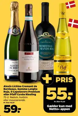 Netto Alexis Lichine Cremant de Bordeaux, Gemma Langhe Ruja, Il Capolavoro Premium eller Pfaff Cuvée Riesling tilbud