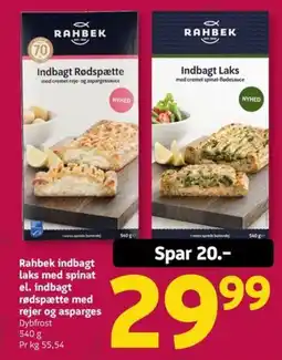 Løvbjerg Rahbek indbagt laks med spinat el. indbagt rødspætte med rejer og asparges tilbud