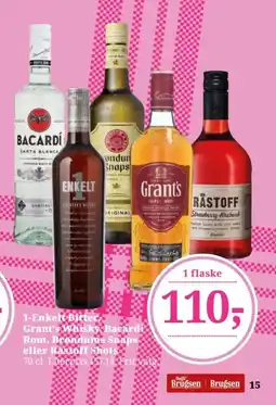 Dagli'Brugsen Enkelt Bitter, Grant's Whisky, Bacardi Rom, Brøndums Snaps eller Råstoff Shots tilbud