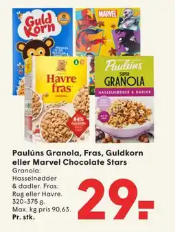 SPAR Paulúns Granola, Fras, Guldkorn eller Marvel Chocolate Stars tilbud