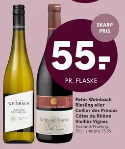 SPAR Peter Weinbach Riesling eller Cellier des Princes Côtes du Rhône Vieilles Vignes tilbud