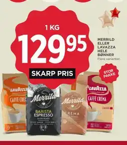 MENY MERRILD ELLER LAVAZZA HELE BØNNER tilbud