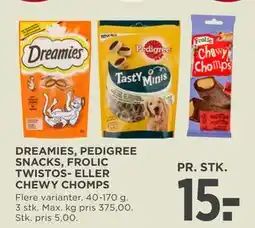 MENY DREAMIES, PEDIGREE SNACKS, FROLIC TWISTOS- ELLER CHEWY CHOMPS tilbud