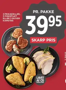 MENY 3 frikadeller / 3 fiskefileter eller 3 skiver kamsteg tilbud