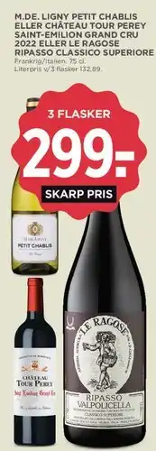 MENY 3 flasker tilbud – M. de Ligny Petit Chablis / Château Tour Perey / Le Ragose Ripasso tilbud