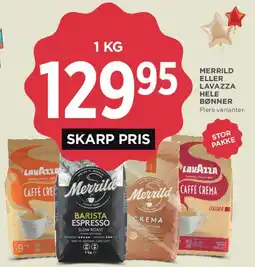MENY Merrild eller Lavazza hele bønner 1 kg tilbud