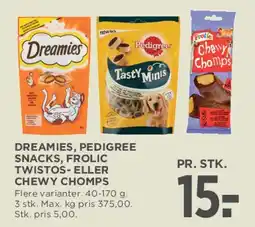 MENY Dreamies, Pedigree snacks, Frolic Twistos eller Chewy Chomps tilbud