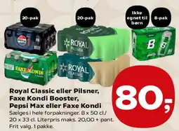 SuperBrugsen Royal Classic eller Pilsner, Faxe Kondi Booster, Pepsi Max eller Faxe Kondi tilbud
