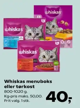 Kvickly Whiskas menuboks eller tørkost tilbud