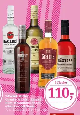 Dagli'Brugsen Enkelt Bitter, Grant's Whisky, Bacardi Rom, Brøndums Snaps eller Råstoff Shots tilbud