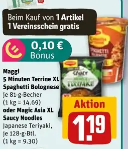 REWE DE Maggi 5 Minuten Terrine XL Spaghetti Bolognese oder Magic Asia XL Saucy Noodles Japanese Teriyaki tilbud